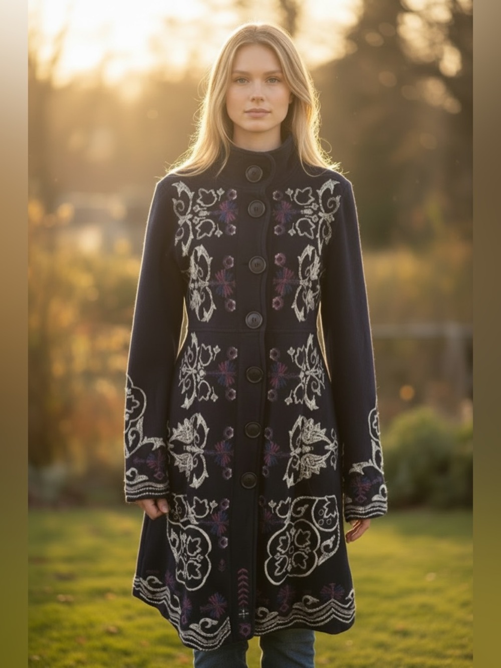 Johnny Was Black and Cream Embroidered Long Sleeve button jacket